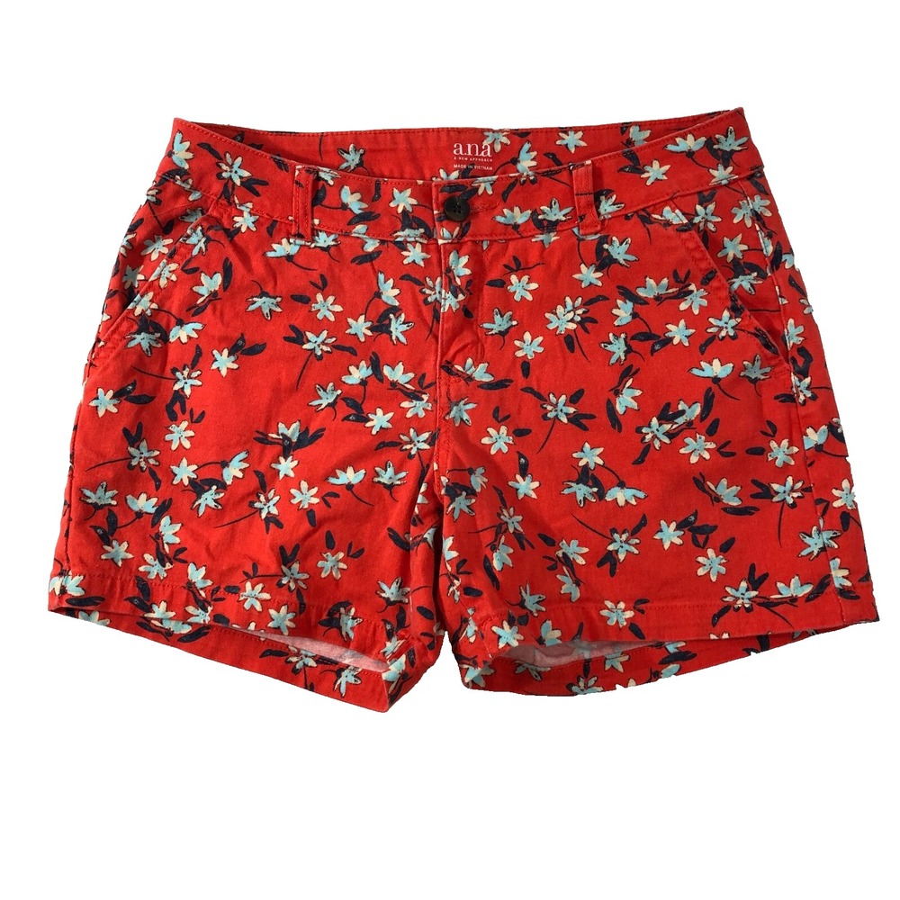 a.n.a Shorts Women's Size 4 Red Floral Mid Rise 4" Inseam Twill Chino